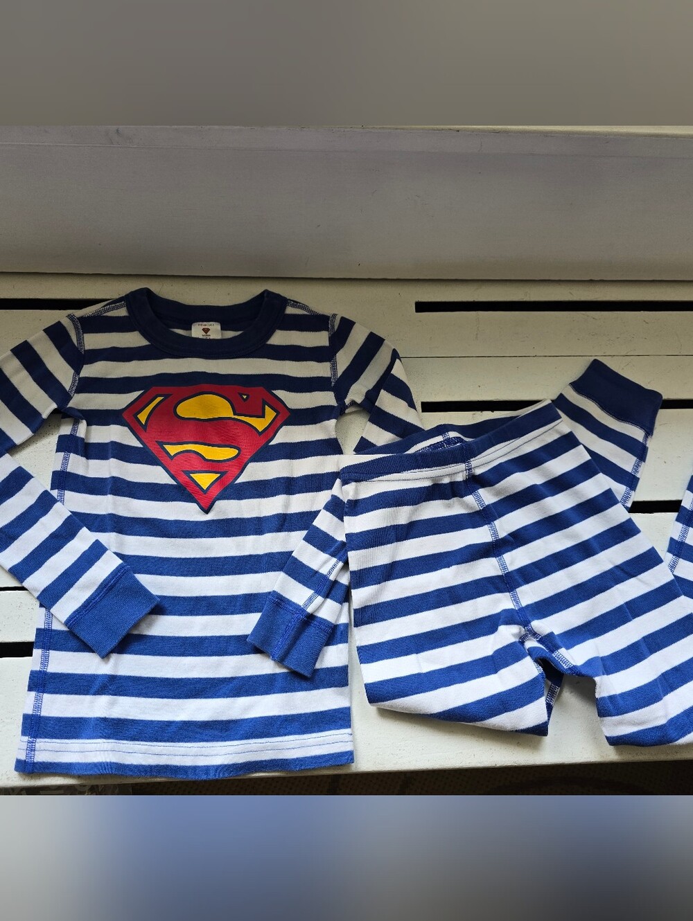 Hanna Andersson Blue & White Striped Superman Pajama Set